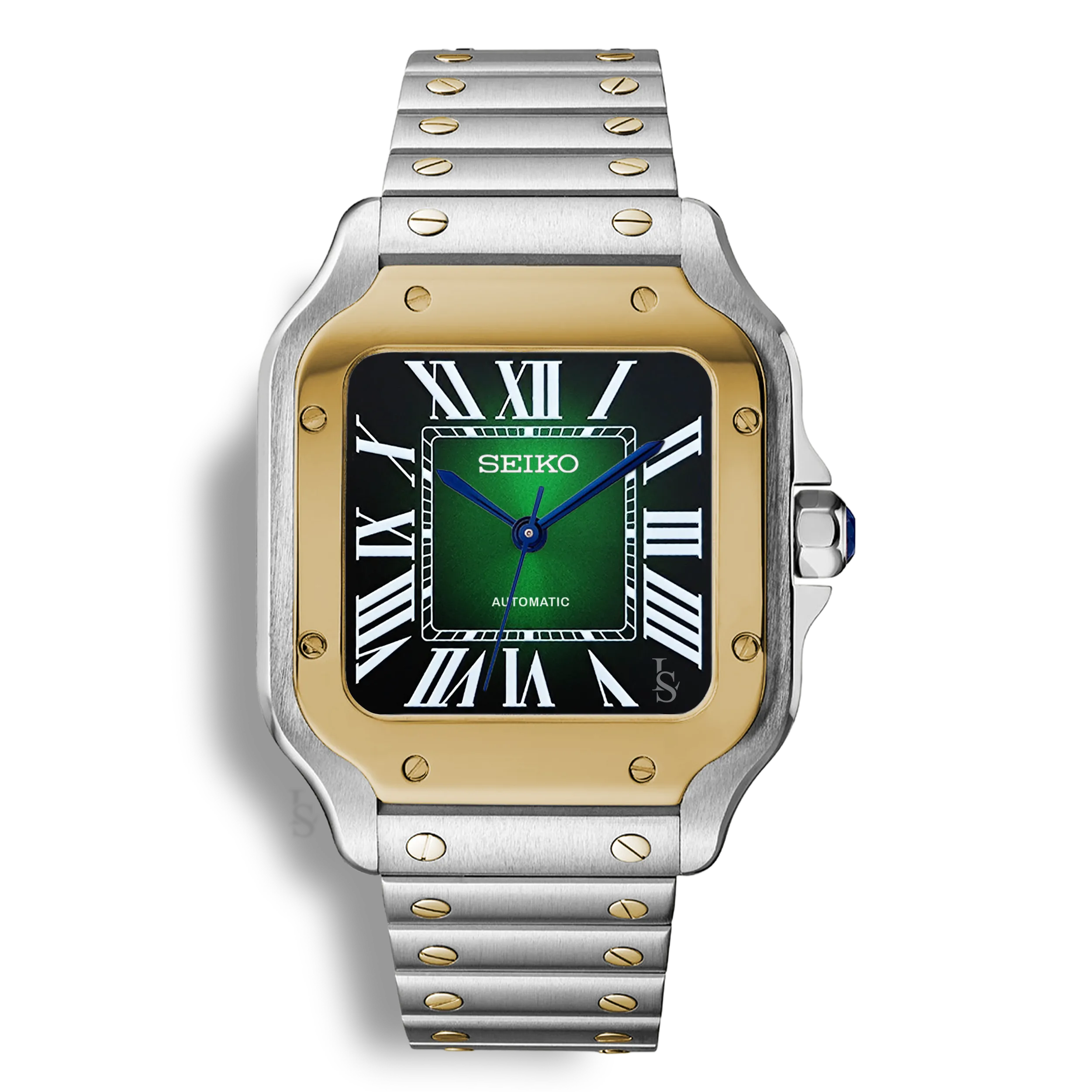 Montre Seiko Mod Santos acier et or avec cadran vert en acier inoxydable 316L et mouvement automatique Seiko NH35, verre saphir