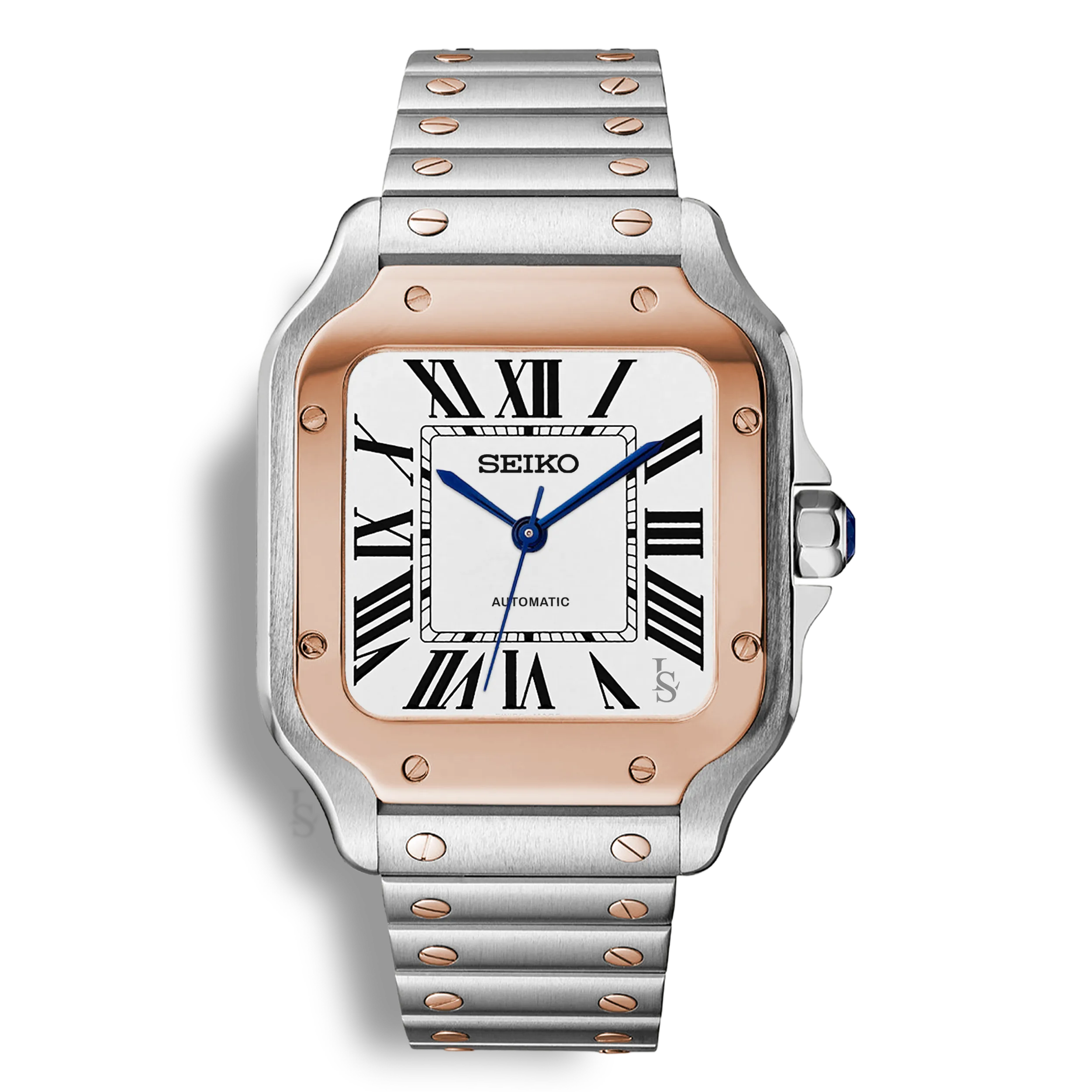 Montre Seiko Mod Santos acier et rosegold avec cadran blanc en acier inoxydable 316L et mouvement automatique Seiko NH35, verre saphir