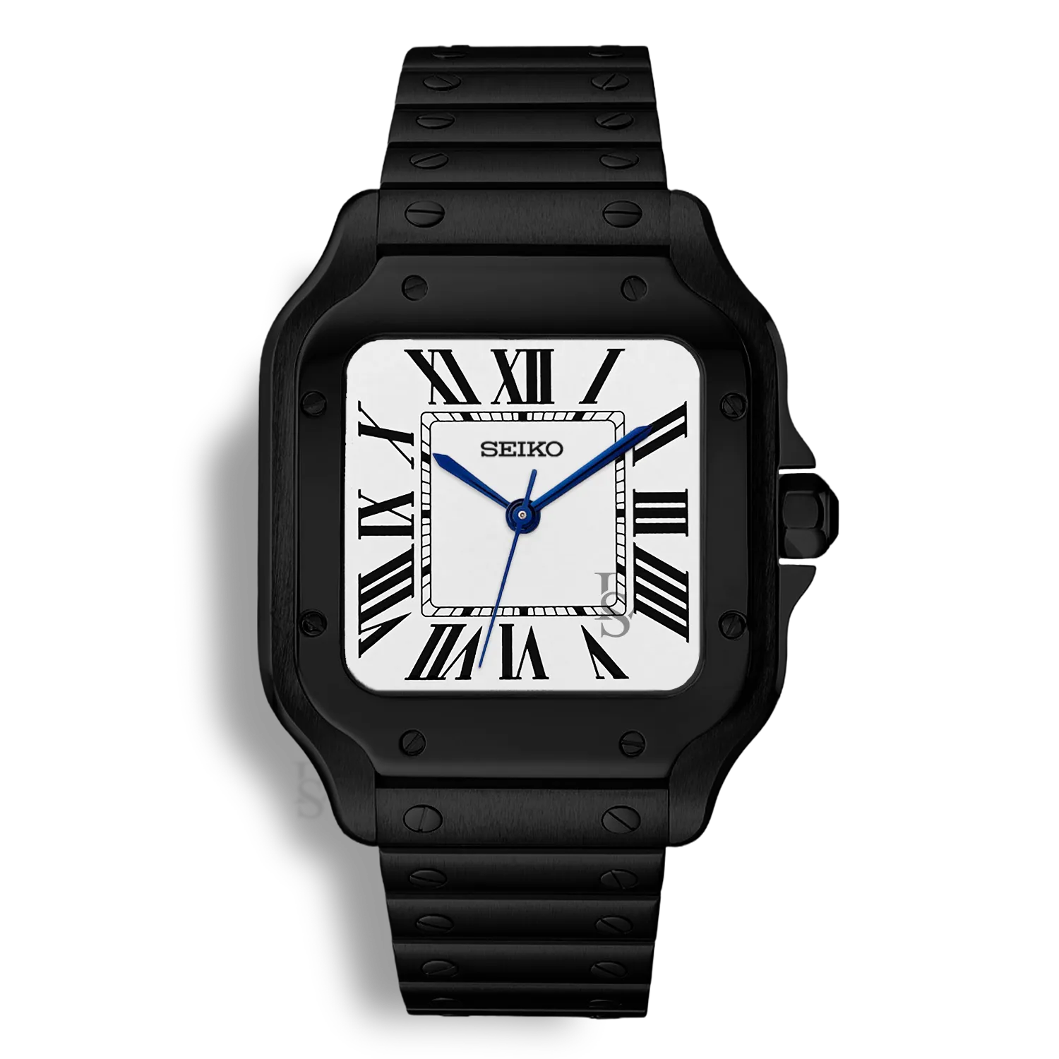 Montre SeikoMod Santos Acier Noir avec cadran blanc, chiffres romains noirs et aiguilles bleues, bracelet acier poli-brossé