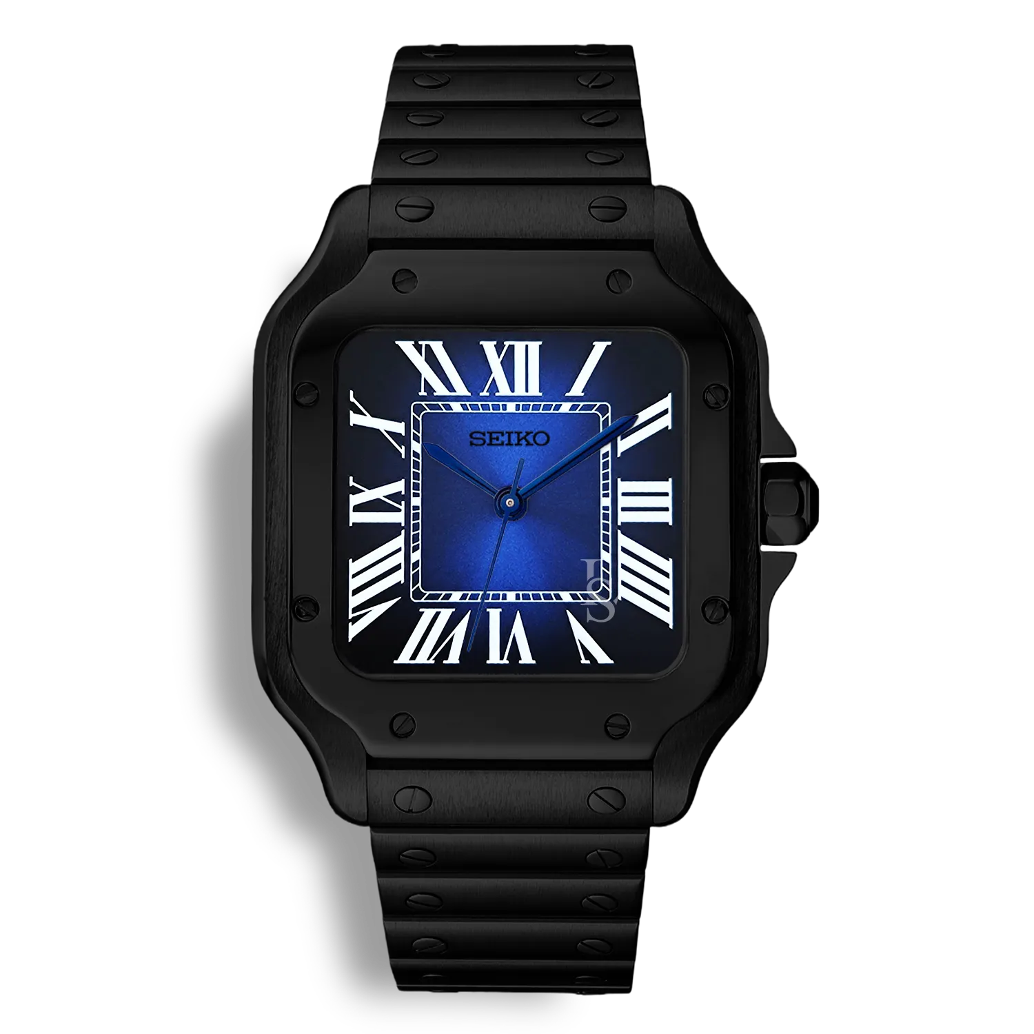 Montre SeikoMod Santos Acier Noir avec cadran bleu foncé, aiguilles bleues et bracelet acier