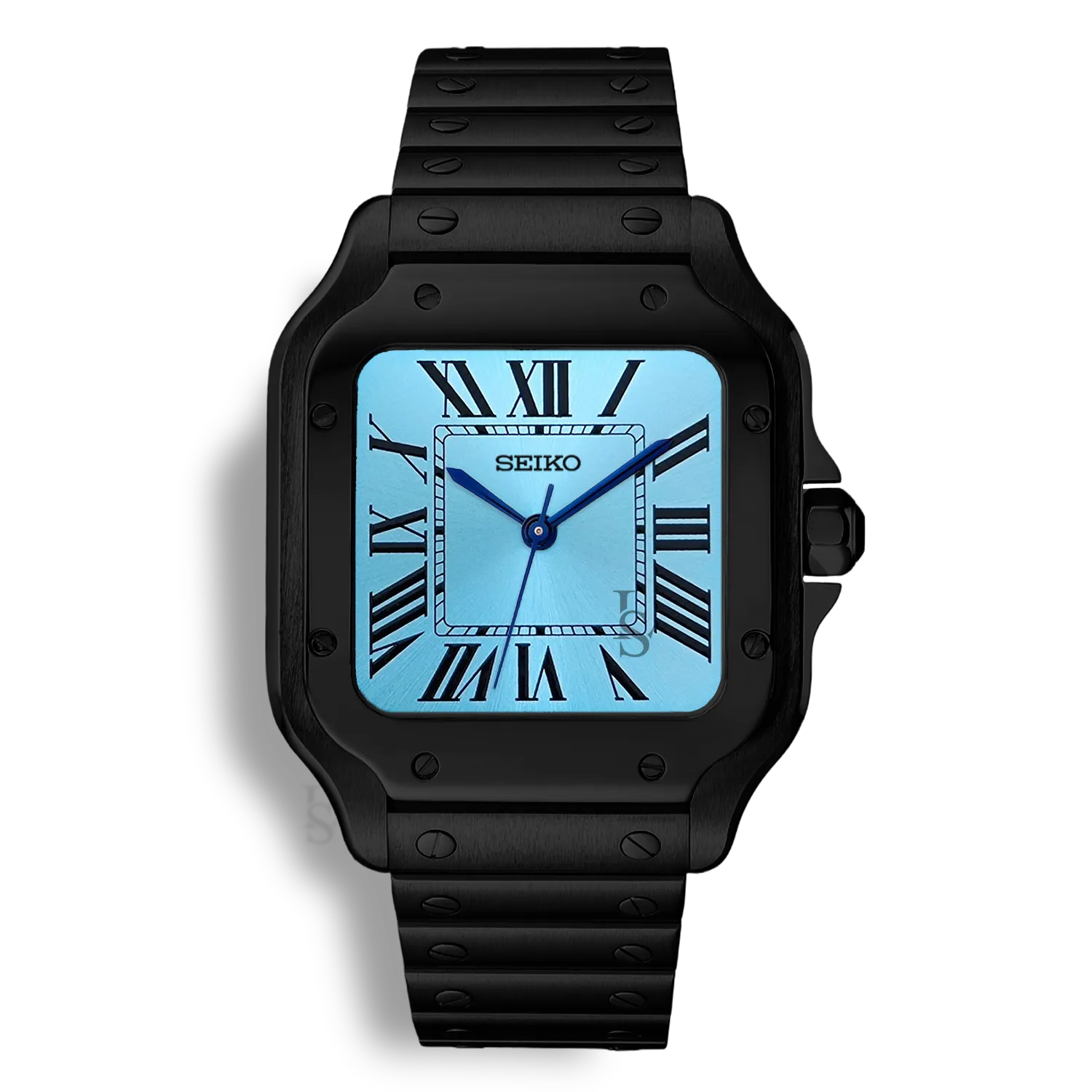Montre SeikoMod Santos Acier Noir avec cadran bleu clair soleillé et aiguilles bleues, bracelet acier inoxydable