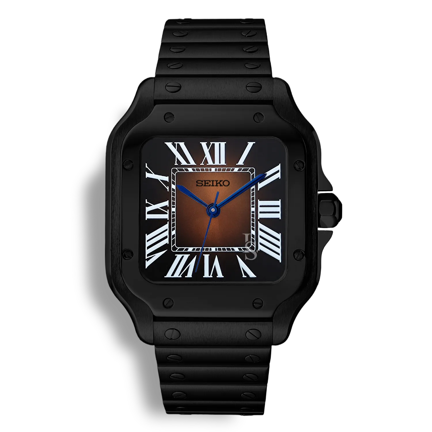 Montre SeikoMod Santos Acier Noir avec cadran marron soleillé, chiffres romains blancs et bracelet acier noir