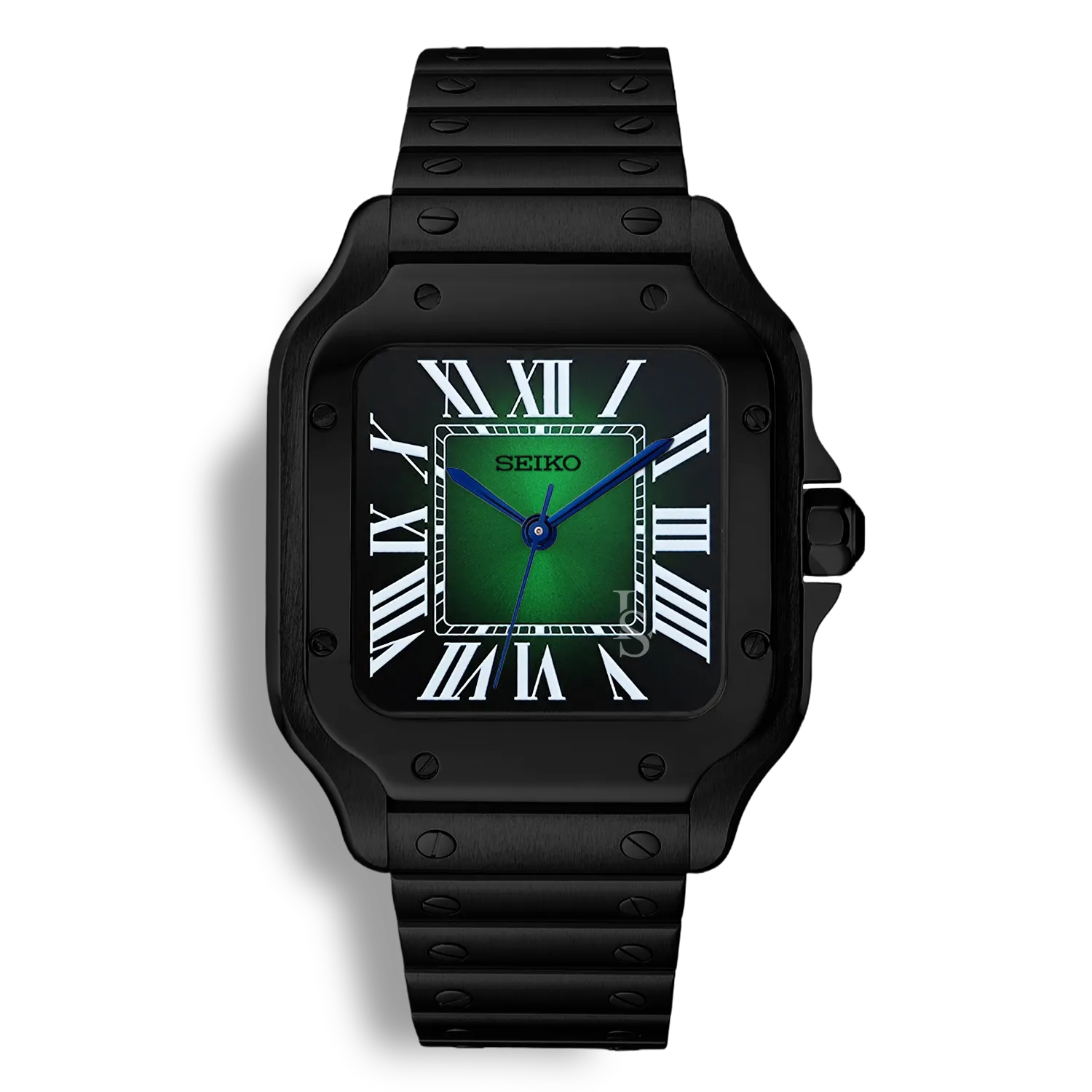 Montre SeikoMod Santos Acier Noir avec cadran vert dégradé, aiguilles bleues et bracelet en acier inoxydable