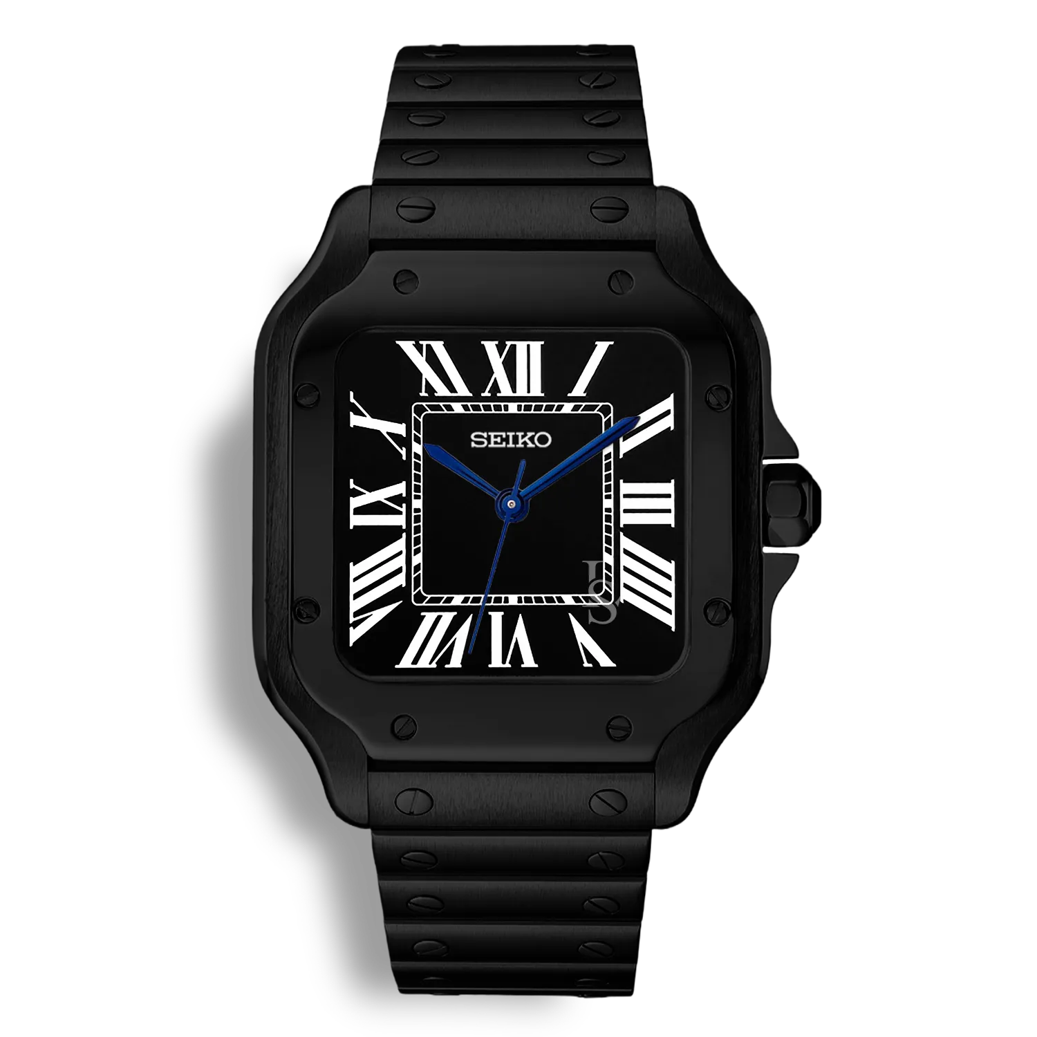 Montre SeikoMod Santos Acier Noir FullBlack avec cadran noir et chiffres romains, bracelet acier poli-brossé