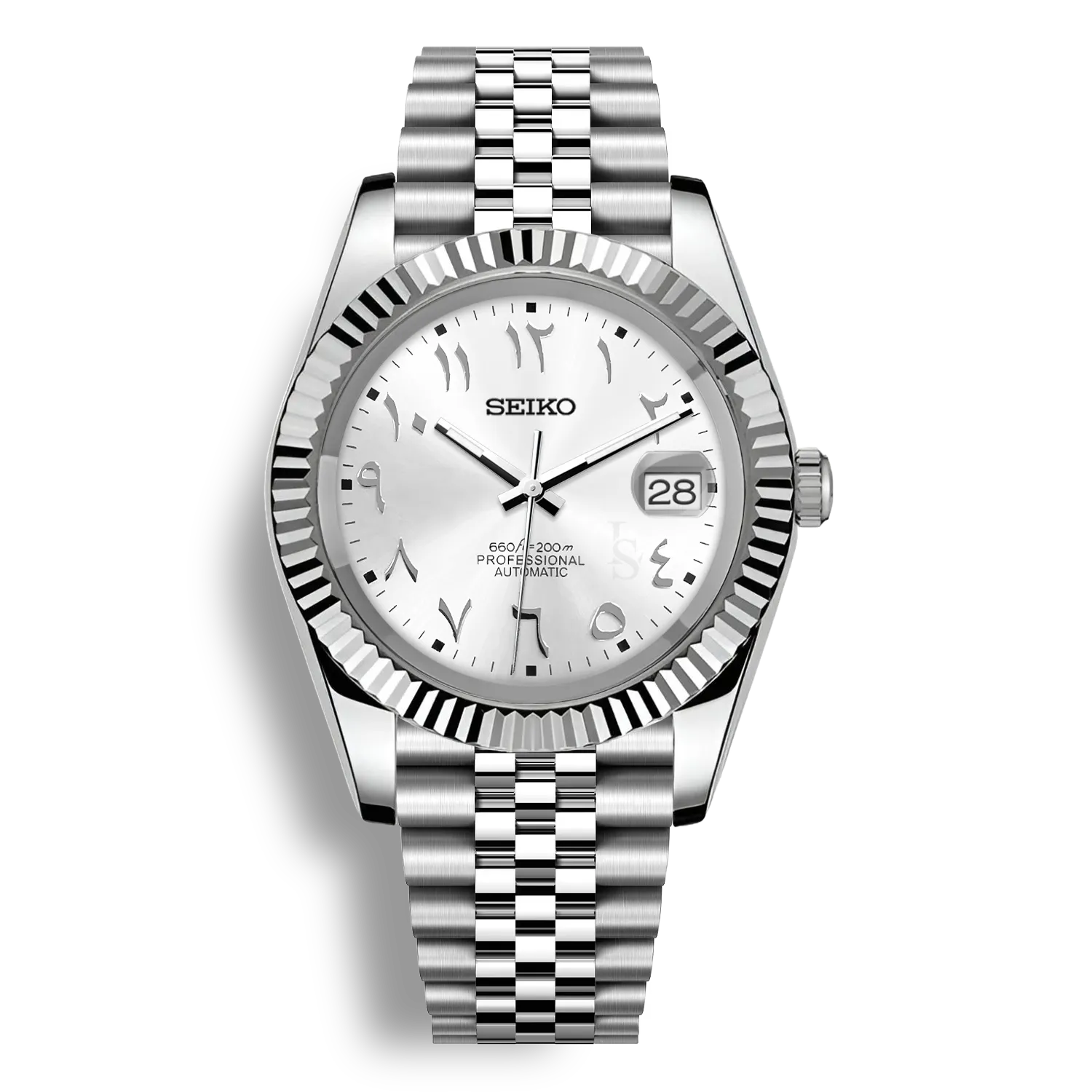 SeikoMod Arabic Dial Blanc Pro – Montre automatique équipée du mouvement NH35 avec un cadran blanc brillant à chiffres arabes et bracelet et boitier datejust en acier