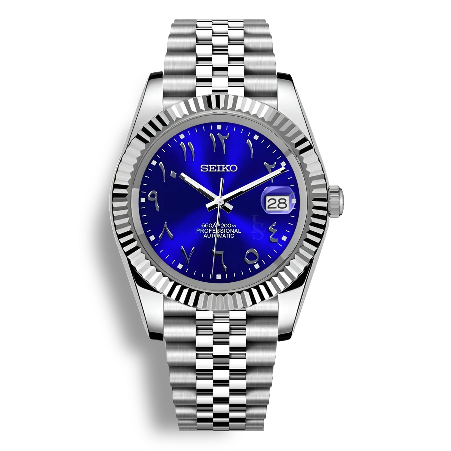 SeikoMod Arabic Dial Bleu Pro – Montre automatique équipée du mouvement NH35 avec un cadran bleu brillant à chiffres arabes et bracelet et boitier datejust en acier