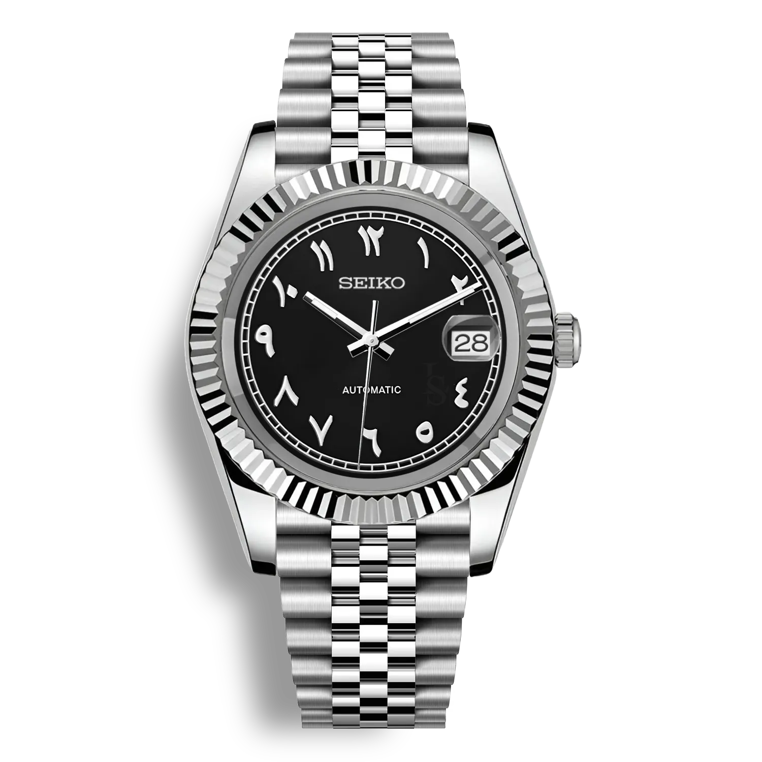SeikoMod Arabic Dial Noir Heritage – Montre automatique équipée du mouvement NH35 avec un cadran noir sobre à chiffres arabes et bracelet et boitier datejust en acier robuste