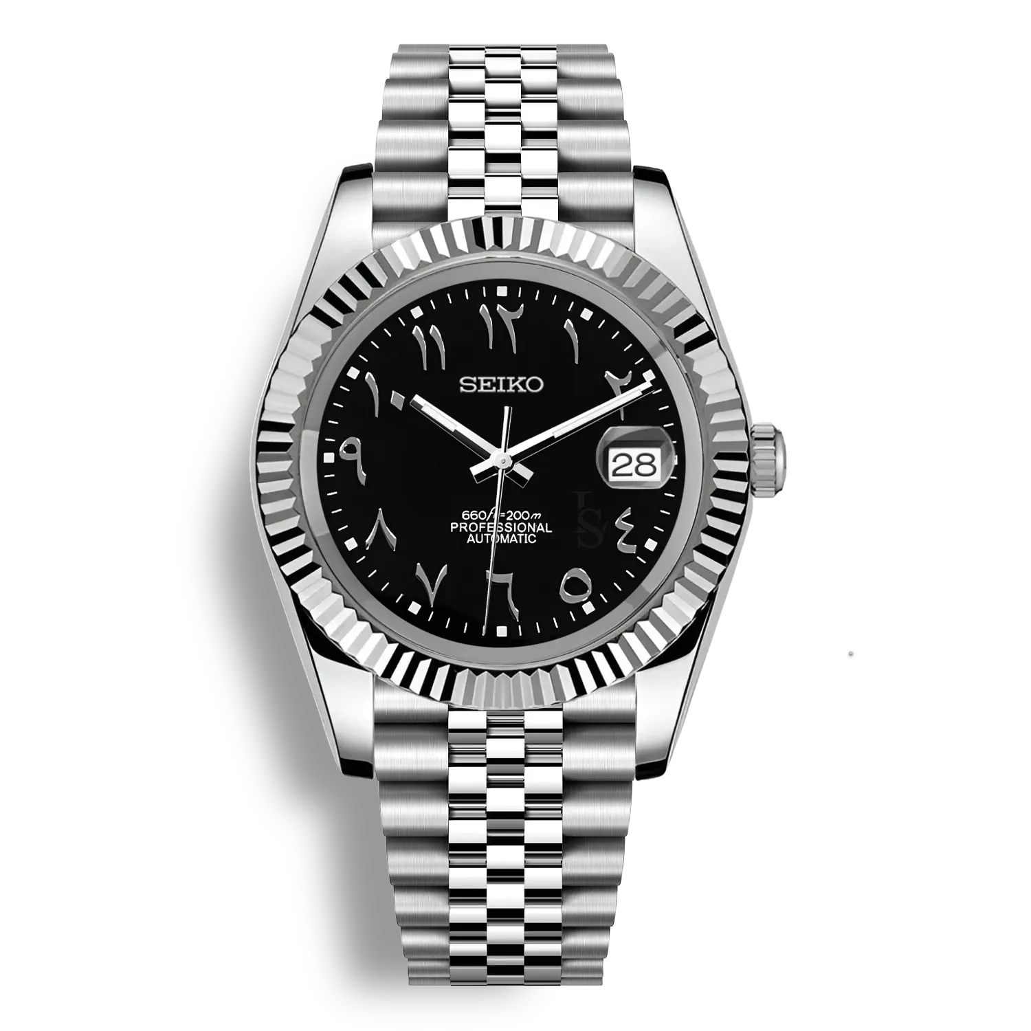 SeikoMod Arabic Dial Noir Pro – Montre automatique équipée du mouvement NH35 avec un cadran noir brillant à chiffres arabes et bracelet et boitier datejust en acier