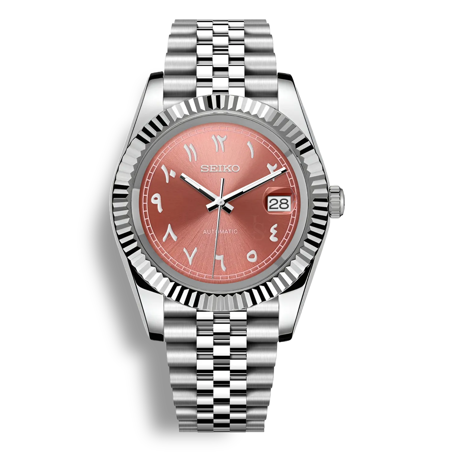 SeikoMod Arabic Dial Bleu Heritage – Montre automatique équipée du mouvement NH35 avec un cadran rose clair à chiffres arabes et bracelet et boitier datejust en acier inoxydable