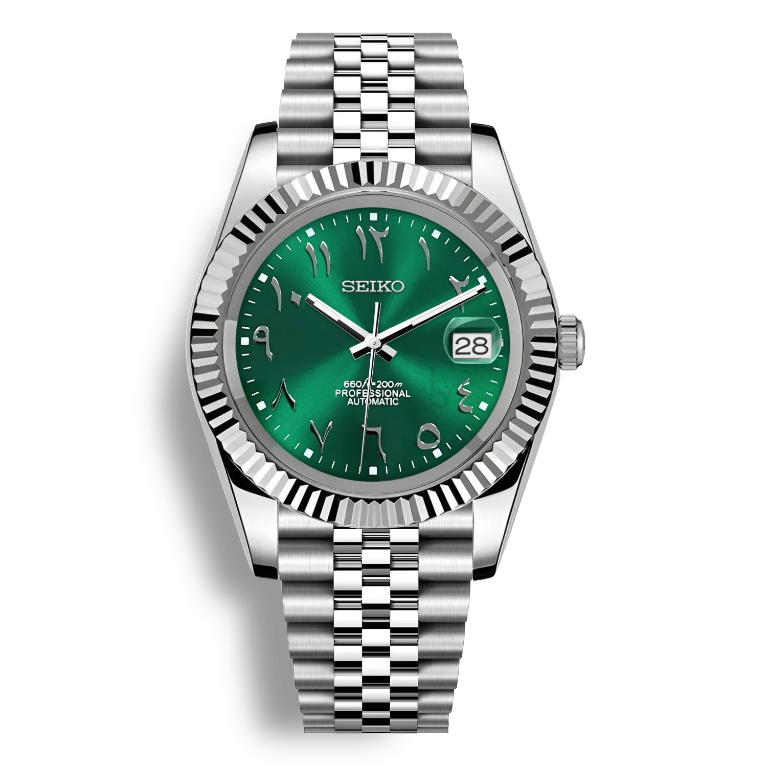 SeikoMod Arabic Dial Vert Pro – Montre automatique équipée du mouvement NH35 avec un cadran vert brillant à chiffres arabes et bracelet et boitier datejust en acier