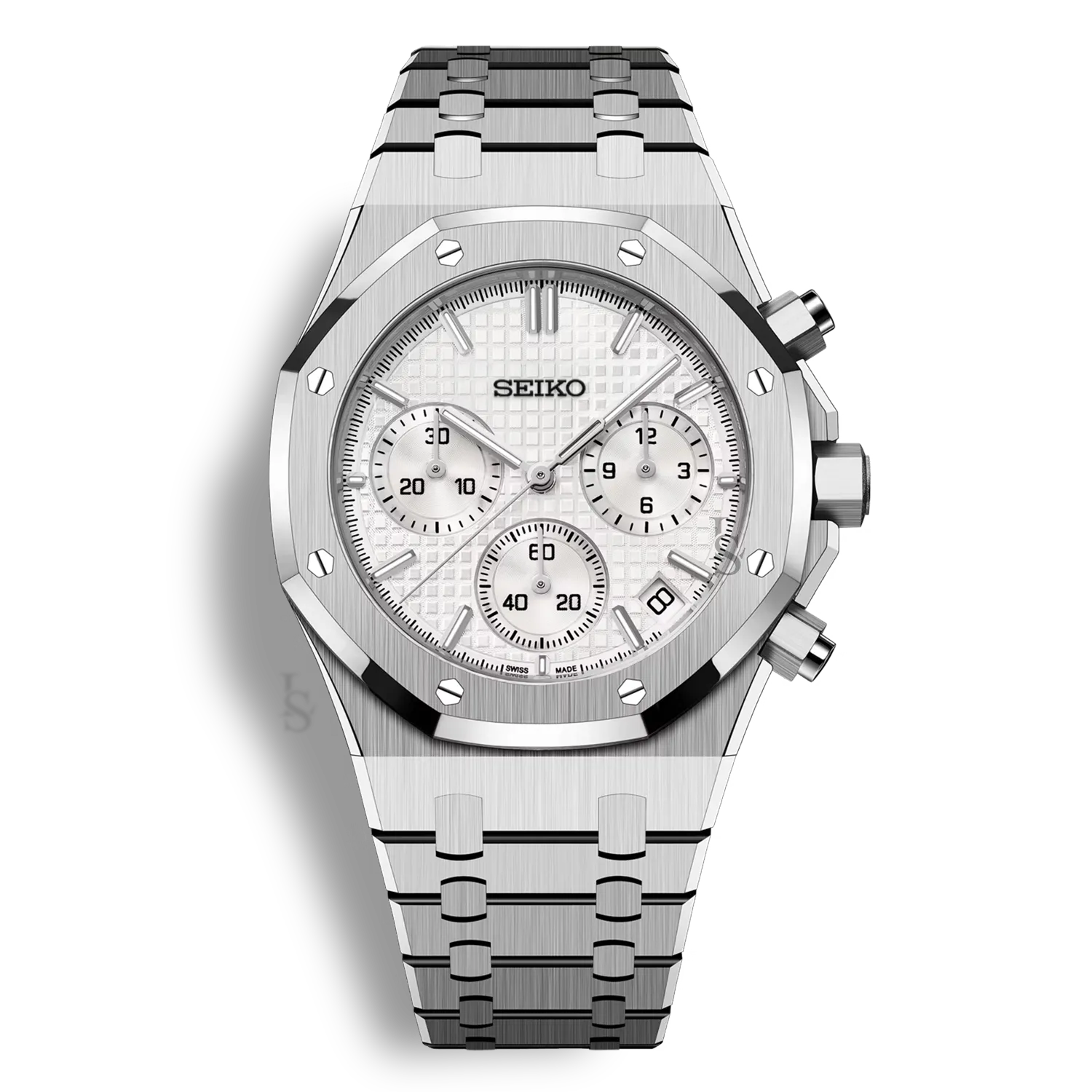SeikoMod Royal Oak Chronographe cadran blanc tapisserie et mouvement méca-quartz Seiko VK63
