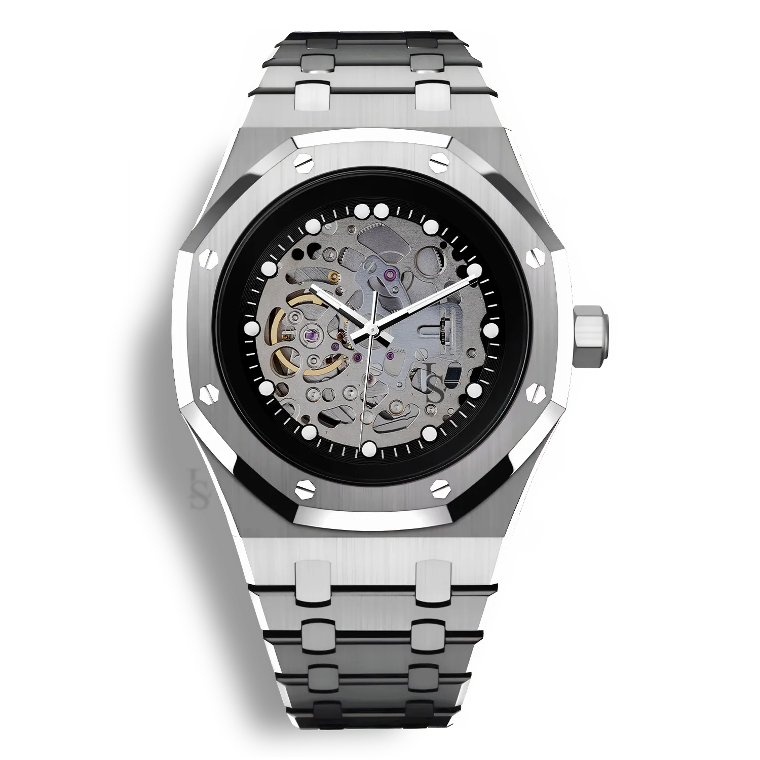 Montre SeikoMod Royal Oak Full Skeleton avec un boitier en acier de 41mm et équipée du mouvement automatique Seiko NH70 et cadran noir minimaliste squelette complet