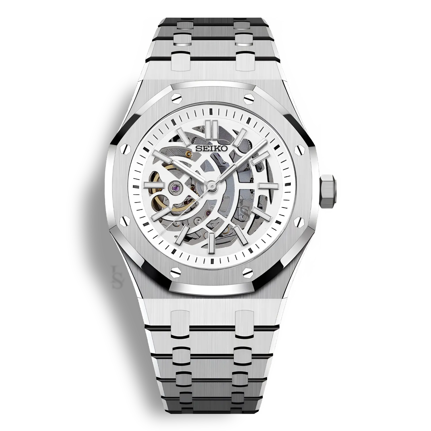 Montre SeikoMod Royal Oak Skeleton cadran squelette blanc et boitier 41mm en acier 316L équipé du mouvement automatique Seiko NH70