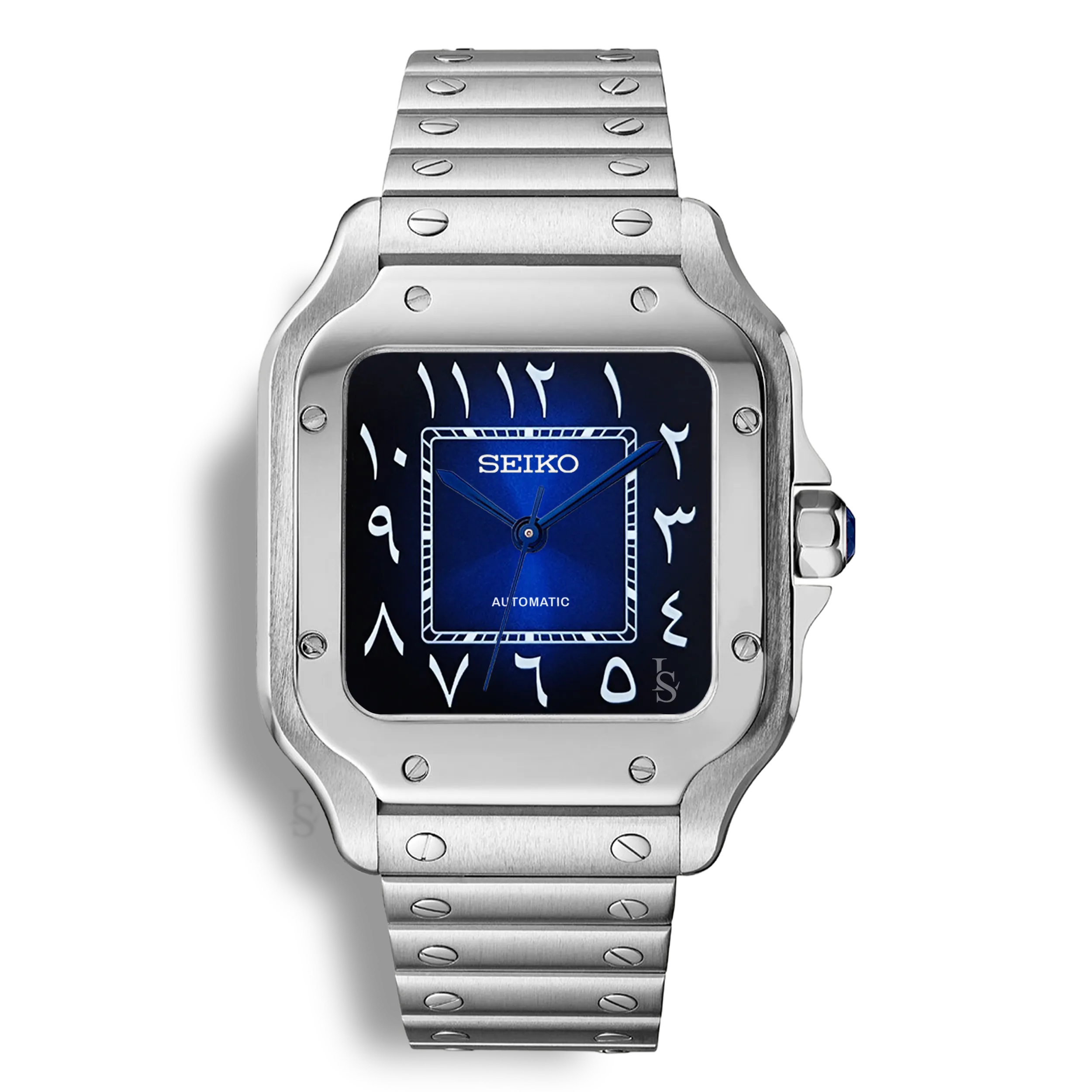 Montre SeikoMod Santos cadran bleu soleillé avec chiffres arabes blancs et boitier carré en acier 316L