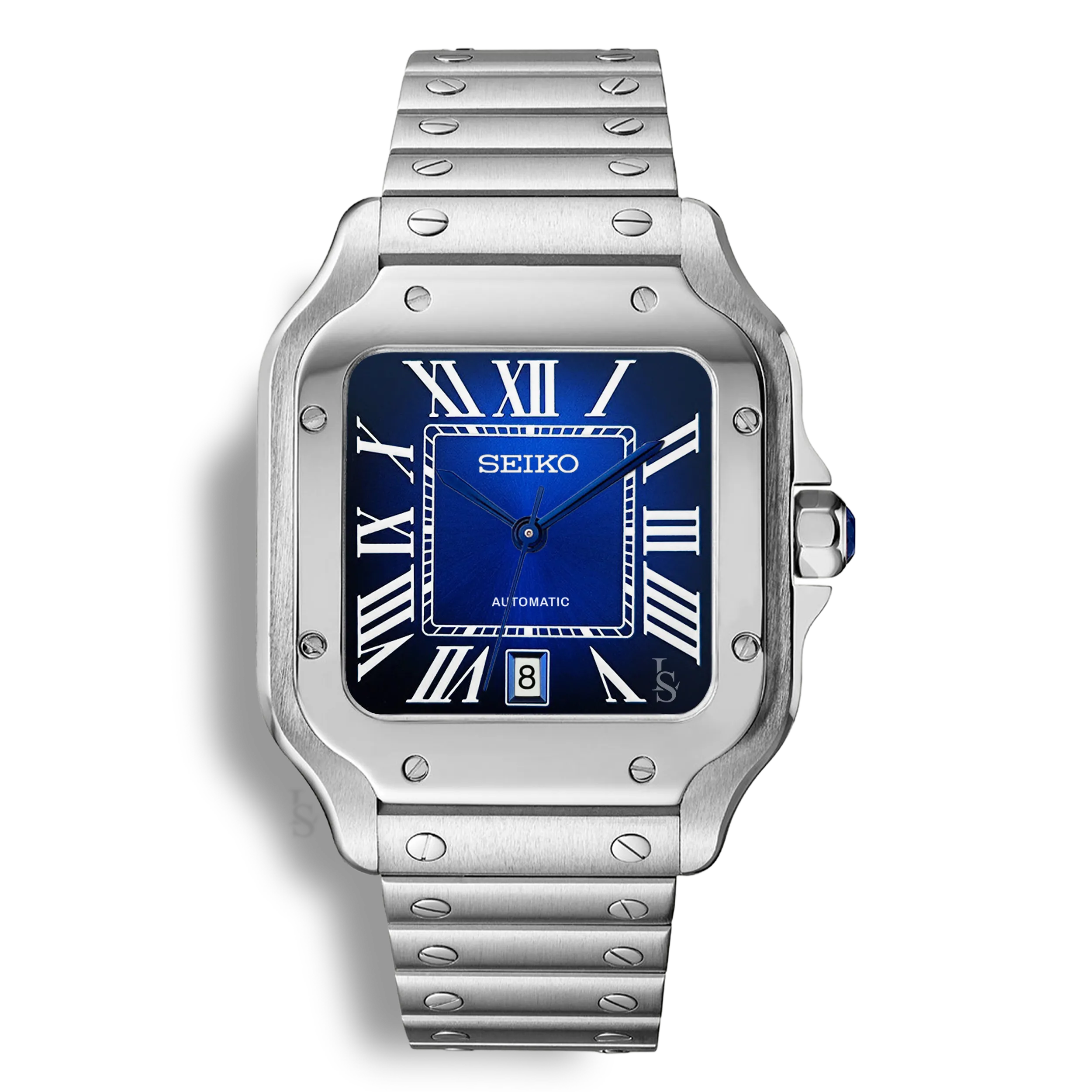 Montre SeikoMod Santos cadran bleu soleillé  avec affichage de la date et aiguilles de glaive bleues