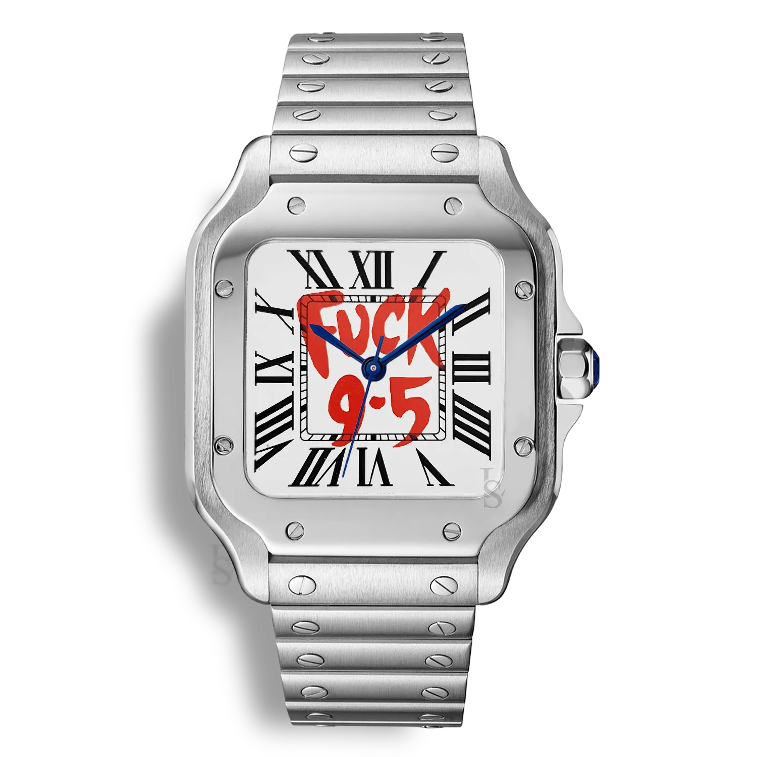 Montre SeikoMod Santos Fuck 9.5 cadran blanc slogan rouge et bleu, boîtier acier 316L et bracelet intégré