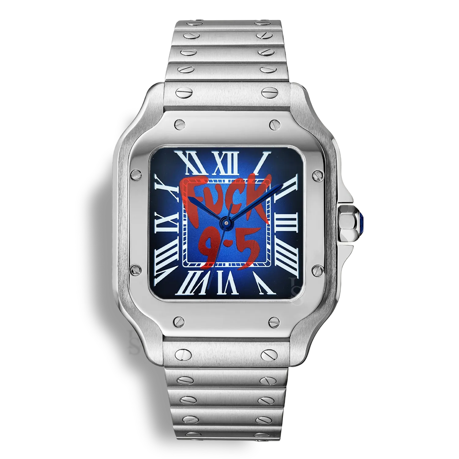 Montre SeikoMod Santos Fuck 9.5 cadran bleu slogan rouge, design moderne et mouvement automatique Seiko NH35