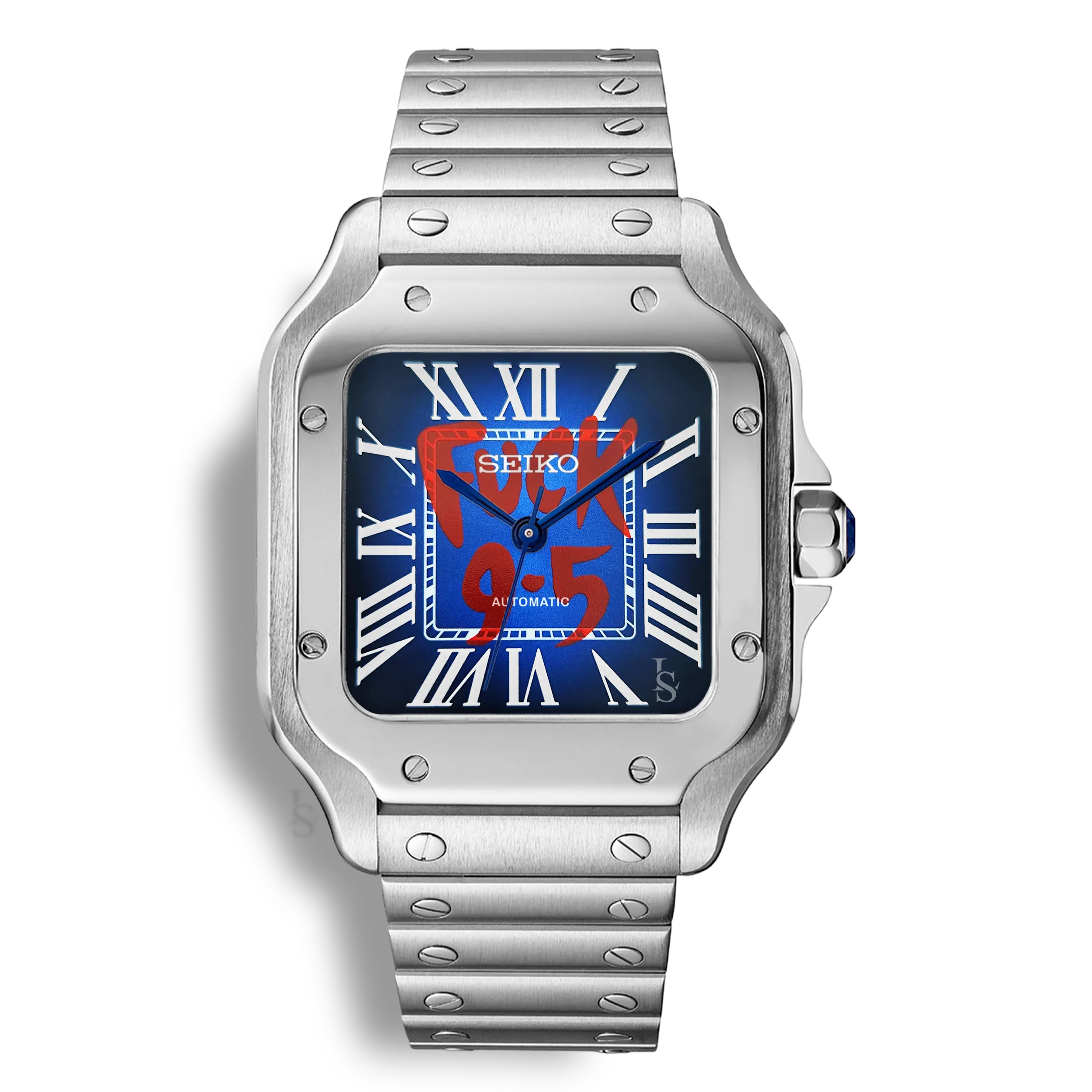 Montre SeikoMod Santos Fuck 9.5 cadran bleu slogan rouge, design moderne et mouvement automatique Seiko NH35
